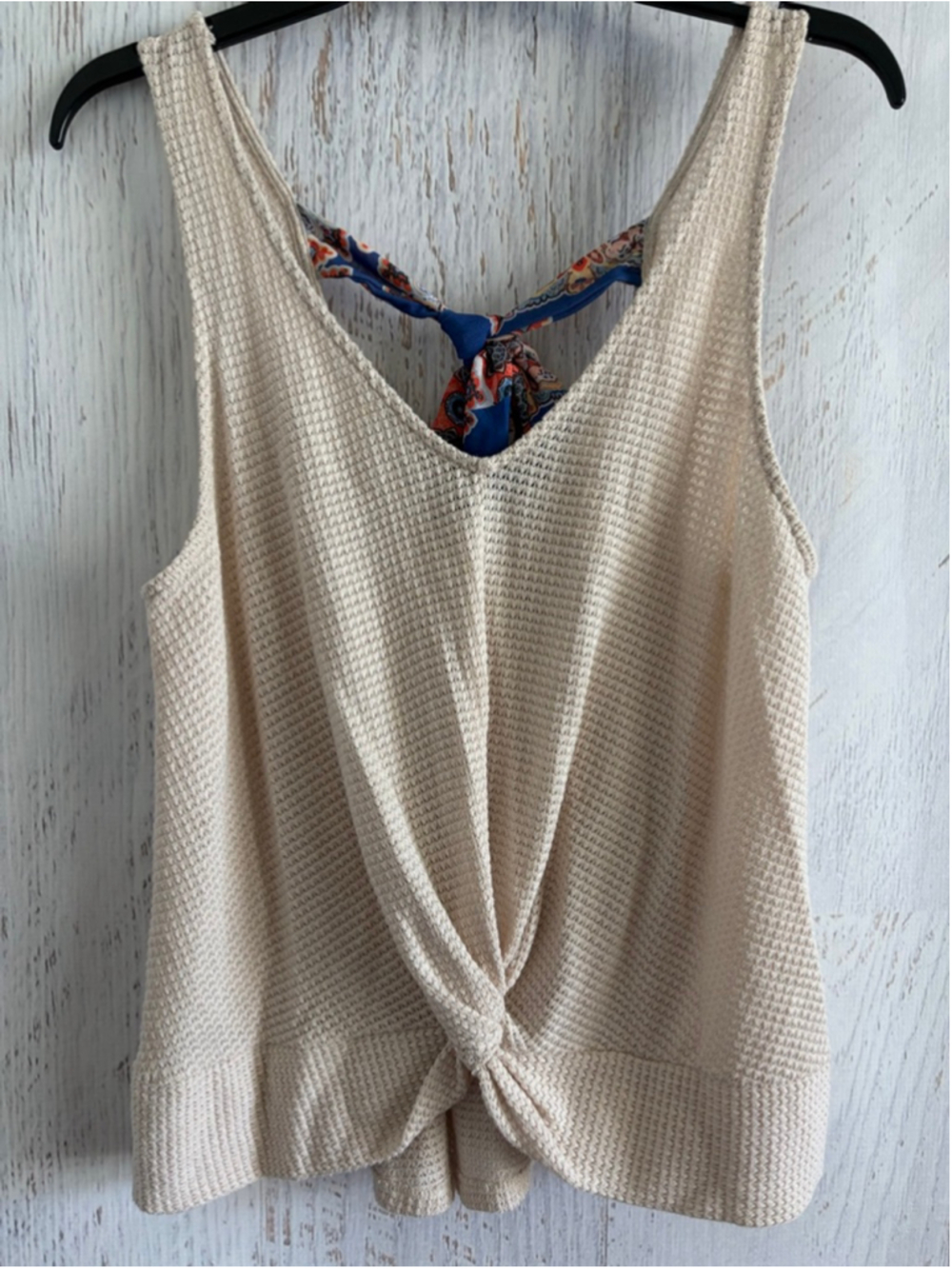 Women's Blu Pepper Beige Tank Top with Blue Scarf Detail, Size M